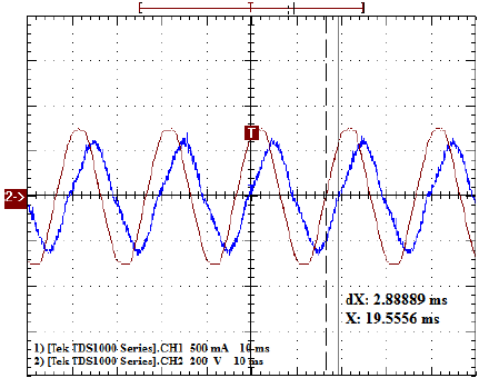 Formas de
onda de corriente y tensión tomada en bornes del tubo LED en el laboratorio, en
modo de captura promedio del osciloscopio Tektronix
1002B.