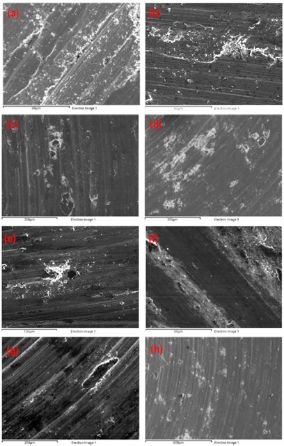 Pistas de desgaste de los
materiales procesados: 316L en la dirección horizontal (a) y vertical (b),
316L+3wt.%Cr3C2 en la dirección horizontal (c) y
vertical (d), 316L+6wt.%Cr3C2 en la dirección horizontal (e) y vertical (f), y
316L+9wt.%Cr3C2 en la dirección horizontal (g) y vertical (h)