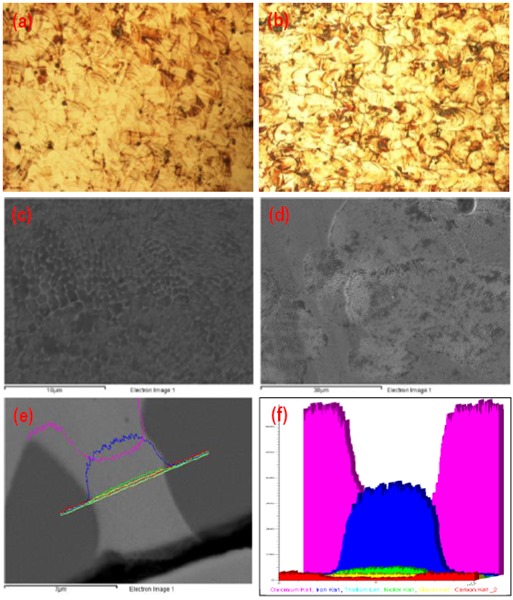 Imágenes de microscopía
óptica (OM) y SEM atacadas del 316L (a) y (c) horizontal, (b) y (d) vertical.
(e) y (f) Análisis en línea para evaluar la interfaz matriz/refuerzo