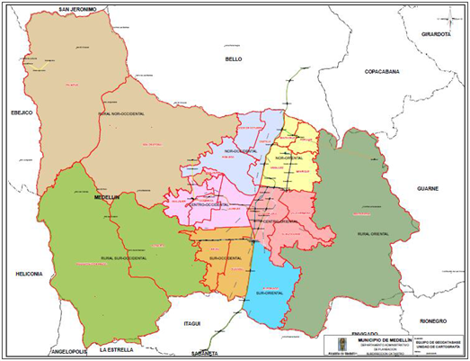 Comunas en la ciudad de Medell&iacute;n. 