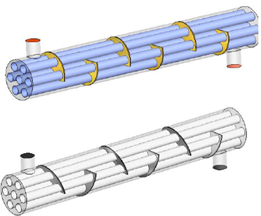 Geometría de los intercambiadores de calor con inclinación de deflectores de 0° (superior), 20° (inferior).