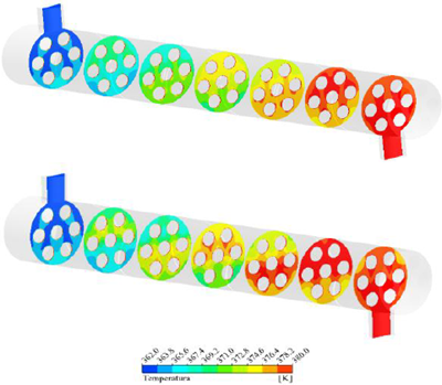 Contornos de Temperatura de los intercambiadores de calor con flujo másico de 0,5 Kg/s. Inclinación de deflectores de 0° (sup) y 20° (inf.).
