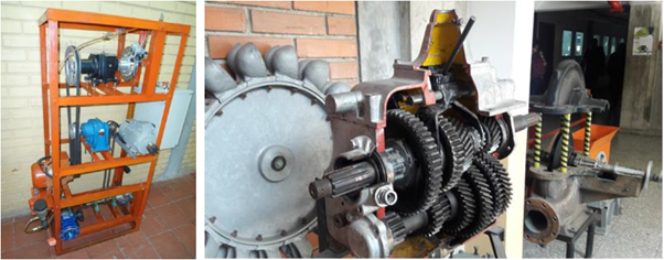 (a) Gear reducers and power transmissions. (b) Cut section model of an automobile gearbox.