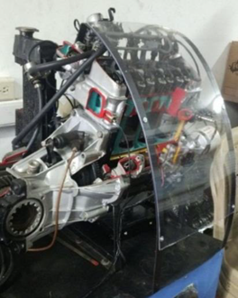 Cut model of an automotive powertrain.