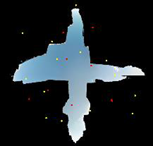 Representación de la posición de los satélites en un punto de la ciudad con edificios segmentados. La zona en color negro es el segmento no reconocido como cielo.