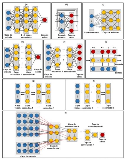 Arquitecturas de los principales tipos de ANNs usadas en aplicaciones a la ingeniera biomdica: (a) multilayer perceptron (MLP), (b) red neuronal de Hopfield, (b) self-organizing map (SOM), (d) red neuronal profunda (DNN), (e) deep auto-encoder (DAE), (f) red neuronal recurrente (RNN), (g) mquina restringida de Boltzmann (RBM), (h) red neuronal de creencias profundas (DBN) e (i) red neuronal convolucional (CNN).