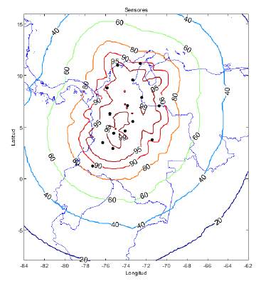 Mapa de eficiencia de la red de localización de rayos - LINET en Colombia.