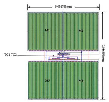 Layout of the proposed CMOS rectifier with transmission gates.