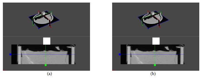 Ubicación del cubo mallado en el software Bonemat. a) Ubicación por defecto luego de la importación en Bonemat, b) ubicación modificada al área de interés. 