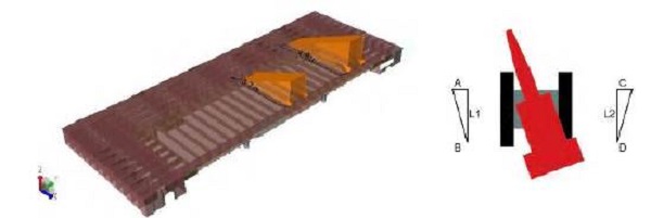 Vista de carga aplicada a la cubierta principal para el caso de carga II de la grúa sobre orugas con una posición de la pluma a 19°.