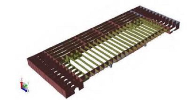 Modelo del MEF de la estructura interna de la cubierta principal de un buque de apoyo a plataformas.