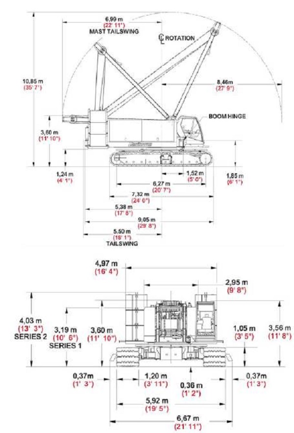Dimensiones de la grúa sobre orugas Manitowoc 555.