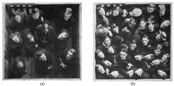 Weight of a crowd. (a) 10 men on 36 ft2, 41 psf (1963 Pa); (b) 37 men on 36 ft2, 154 psf (7373 Pa).