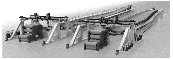 MAG quick material placement system automatically sprays mold liners, cuts, and places fiberglass and carbon materials. Image from MAG IAS. 