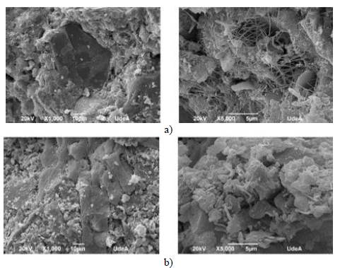 Micrograf&iacute;a SEM de la superficie de fractura de las muestras: A) M2 + CPO, B) G-M2. 