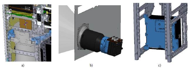 Bracket highlighted in blue for mounting new components. (a) Simera Multiscale mounting; (b) star tracker mounting bracket and support collar, and (c) spectrometer mounting bracket. 