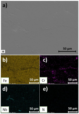 (a) SEM image for 1.3C R300 using SE detector. (b-e) Elemental distribution maps of Fe, Cr, Nb, and N.