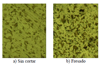 Microestructura de una probeta sin cortar a), y de una cortada por Fresado b).