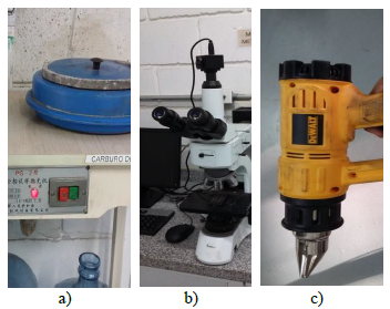 Equipos para el estudio metalogr�fico. a) Pulidora metalogr�fica, b) Microscopio metalogr�fico, c) Secador.