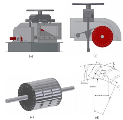 Turbina usada por Walseth. a) Modelo 3D de la turbina. b) Inyector ajustable. c) Rodete. d) Geometr�a de los �labes.