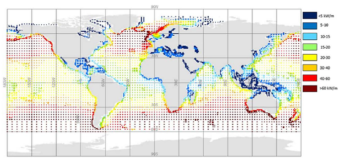 Wave power capacity (kW/m).