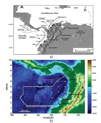 Global wave energy resource. (a) Colombian Pacific and Caribbean coast. Source: [31], (b) metrics and histograms of significant wave heights in the Colombian Pacific Zone. 