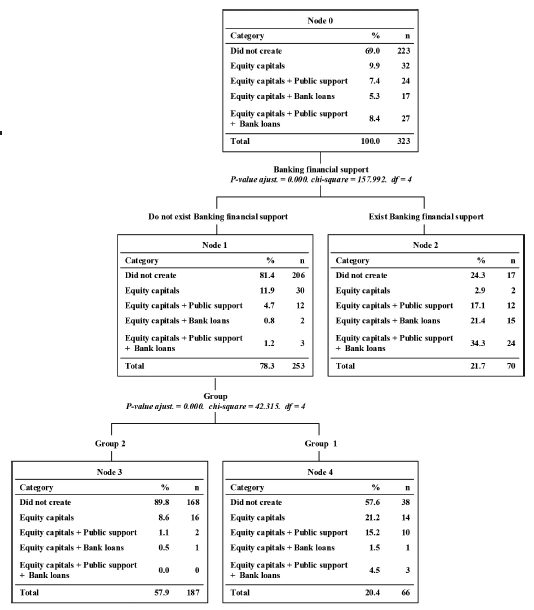 CHAID diagram of relationship between the Financial Source, the Banking Financial Support and the Group