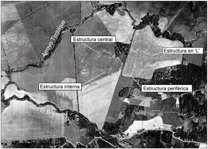 El sitio arqueológico de Malagana y los elementos que lo componen. Foto área de 1953 cortesía de IGAC Palmira