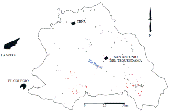 Área reconocida sistemáticamente en el valle de Tena. En gris, sitios arqueológicos; en rojo, petroglifos