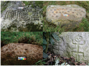 Petroglifos del valle de Tena. A y D: figuras formales; B y C: cúpulas