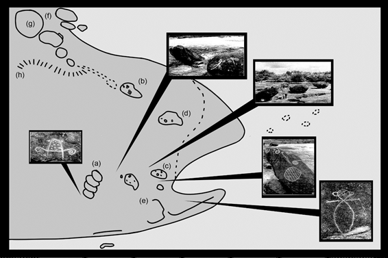 Sketch of petroglyphs and mythscape at Hipana, the World Center
