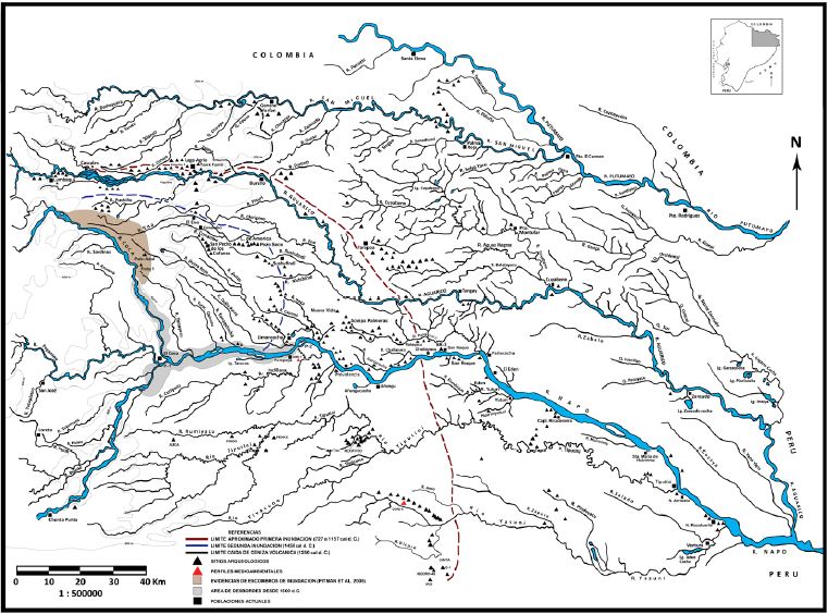 Mapa de ubicación de la Amazonía Norte de Ecuador. Patrón de distribución de los sitios arqueológicos y su relación con las probables extensiones de las inundaciones regionales y caída de ceniza volcánica, durante el periodo de Integración (500-1500 d. C.).