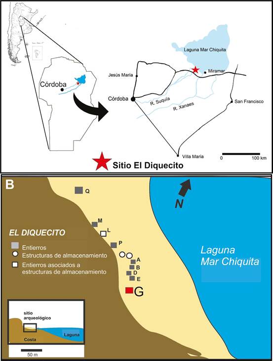 a) Ubicación geográfica del sitio arqueológico El Diquecito en la provincia de Córdoba, b) Ubicación de los individuos recuperados en el sitio1