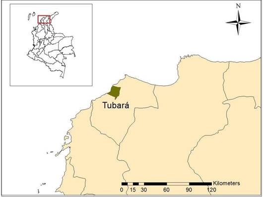 Municipio de Tubará —Ubicación del sitio arqueológico PC008 de Tubará en 2002