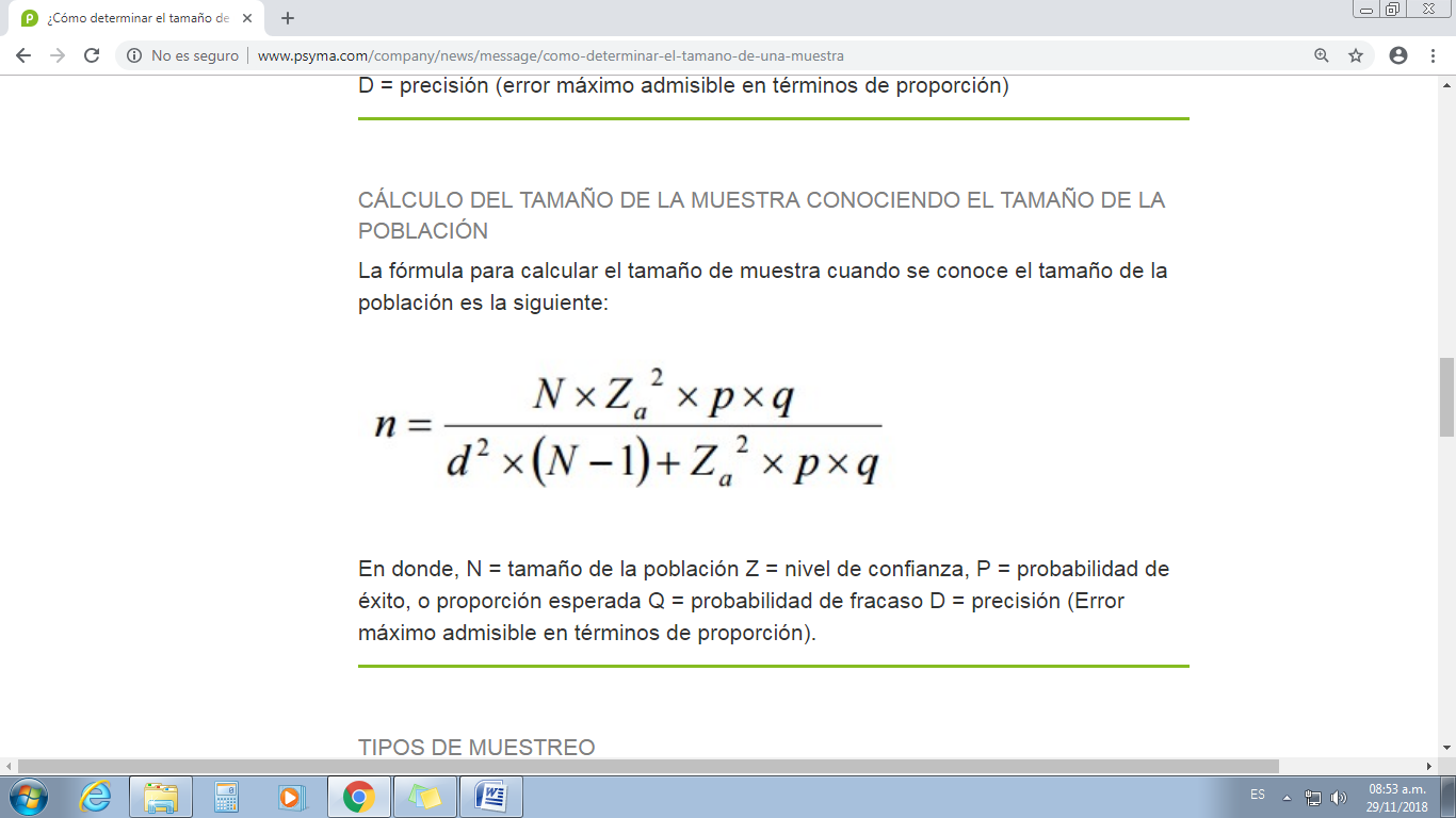 F&oacute;rmula
para tama&ntilde;o muestral en poblaci&oacute;n finita