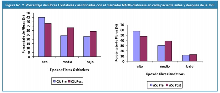 Porcentaje de Fibras Oxidativas cuantificadas con el marcador NADH-diaforasa en cada paciente antes y despu&eacute;s de la TRE