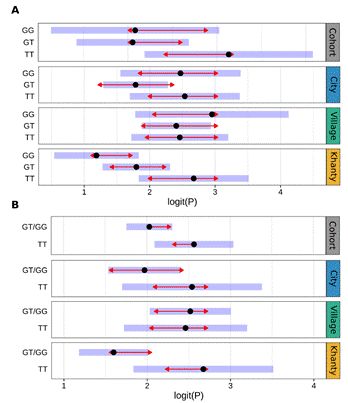 The risk assessments of hypertriglyceridemia in the context of codominant (A) and dominant (B) inheritance models. The black dots refer to the forecast assessment of a metabolic syndrome development, the blue line is 95% CI, and the red line is the comparison of genotypes within the corresponding models and subgroups.