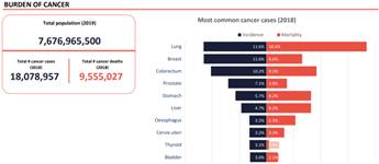 Representacin pictrica de estadsticas mundiales relativas a la carga del cncer, destacando el cncer de mam en segundo lugar1.