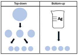 Procesos de obtenci�n de las nanopart�culas. El enfoque top-down se basa en el uso de un material a granel que luego es sometido a una disminuci�n del tama�o de part�culas por debajo de la micra, por el contrario, el enfoque bottom- up consiste en el &ldquo;ensamblaje&rdquo; de mol�culas y �tomos, para formar estructuras m�s grandes. Adaptado de (Leyva G�mez, 2013).
