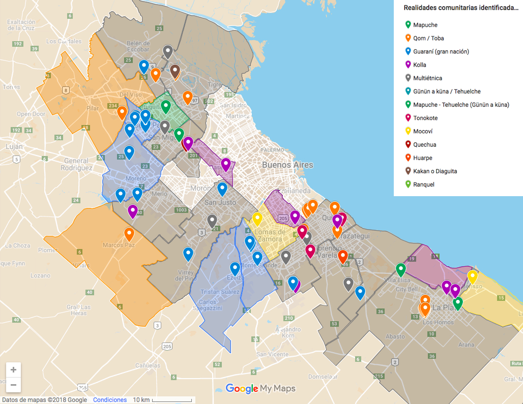 Captura de pantalla del mapa elaborado por los funcionarios de la Secretar�a de Derechos Humanos de la provincia de Buenos Aires de las comunidades y asociaciones ind�genas registradas ante el Estado para la Regi�n Metropolitana de Buenos Aire