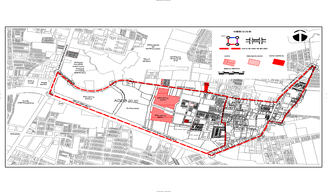 Plano de delimitación del área de estudio, barrio de Huentitán El Alto ubicado en el límite norte del Área Metropolitana de la ciudad de Guadalajara, México. En rojo aparecen los fraccionamientos habitacionales cerrados (FHC) de la zona