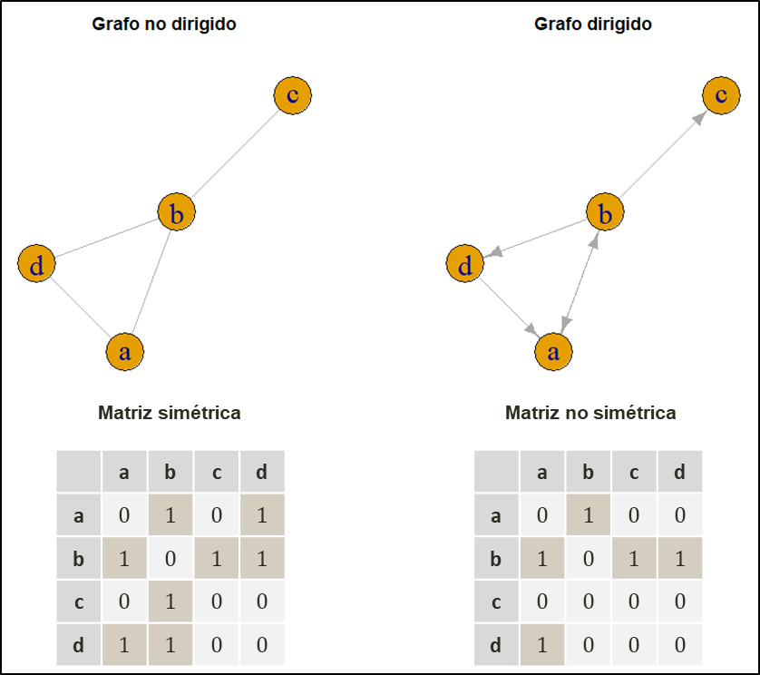 Red dirigida y red no dirigida dibujo de grafo y matrices