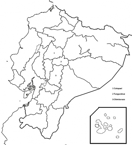  Mapa del territorio ecuatoriano y zona comprendida por
las provincias Cotopaxi, Tungurahua y Chimborazo (
							SENPLADES, 2018).
						