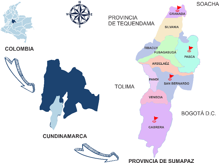 Ubicaci&oacute;n de los municipios muestreados de la
provincia de Sumapaz. Se ilustra del nivel macro: Colombia,
Cundinamarca, hasta el nivel micro: provincia de Sumapaz
y municipios que la integran.