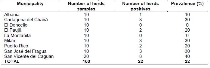 Prevalence of bovine brucellosis in herds of dual-purpose cattle in nine municipalities of Caquet&aacute; state.