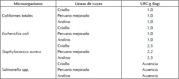 Presencia de microorganismos en carne de tres líneas de cuyes.