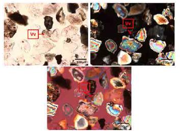 Microfotografías con presencia de vidrio volcánico (Vv) en suelos del Valle de Sibundoy, Colombia. 