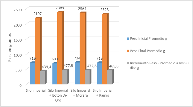 Peso promedio de conejos alimentados con diferentes ensilajes a los 90 d&iacute;as.
