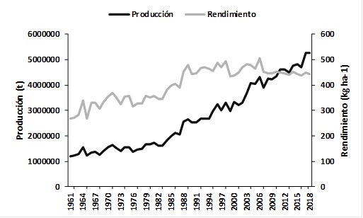 Evolución de la producción de cacao en grano en el mundo, de 1961 a 2018.