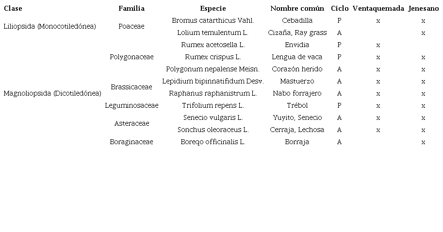 Clasificaci&oacute;n de las especies asociadas al cultivo de zanahoria en lotes productores de los municipios de Ventaquemada y Jenesano. Ciclo A: Anual, P: Perenne.